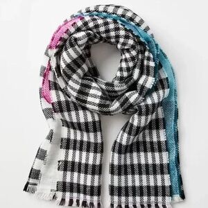 LOFT Reversible Blanket Scarf. Black & White Plaid on 1 side + Teal & Magenta.